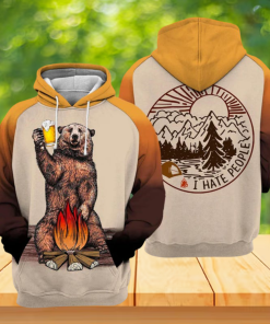 Funny Bear Camping Hoodie, I Hate People Beer Campfire Graphic Unisex All Over Hoodie
